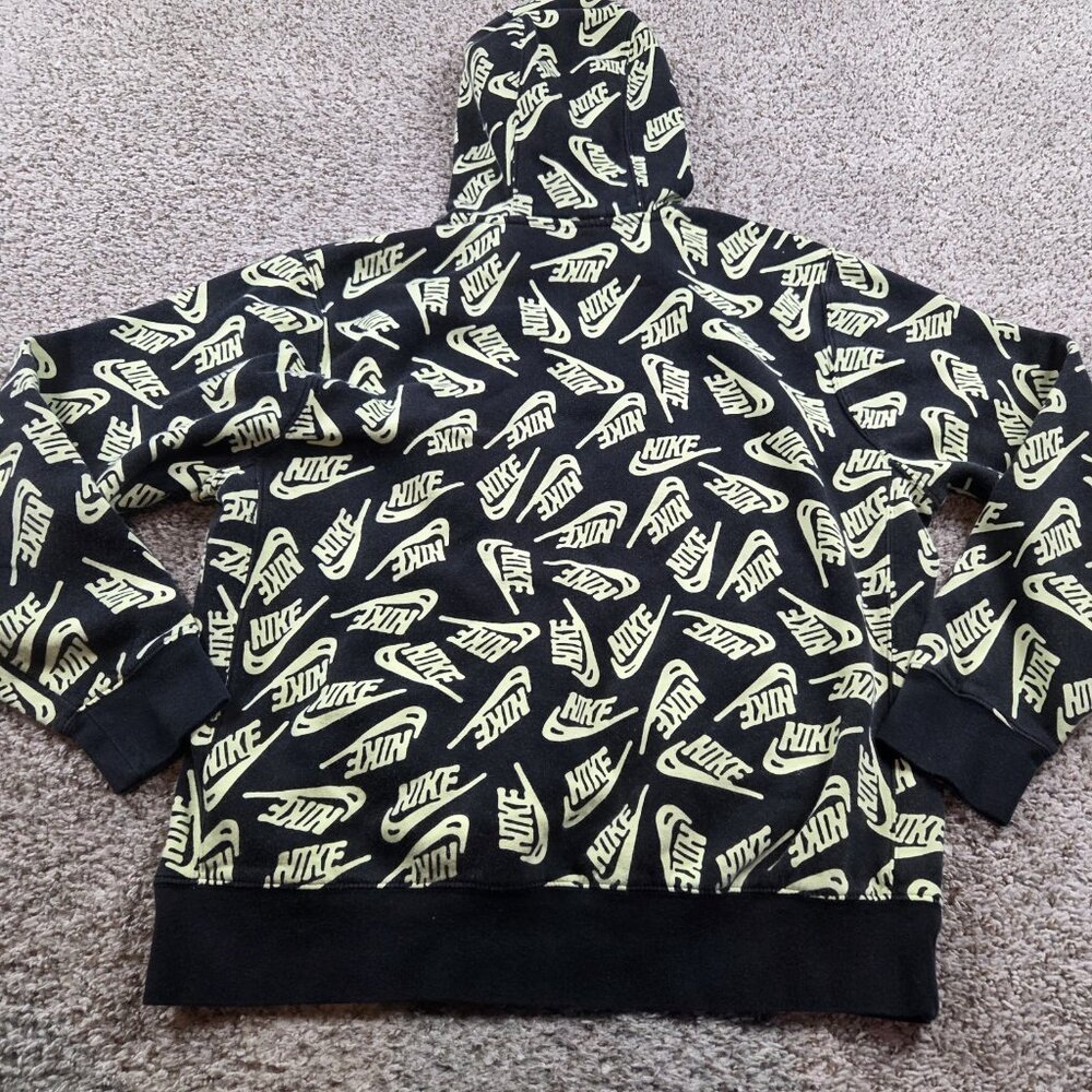 Nike Hoodie Mens Large Black Yellow Neon All Over Print Logo Pullover Fleece - Picture 7 of 8